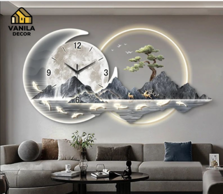 Mẫu đồng hồ treo tường trang trí phòng khách kết hợp với ảnh nghệ thuật